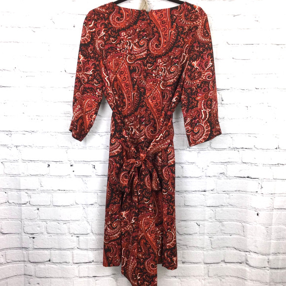 Talbots Petite Boat Neck Elbow Sleeve Burnt Orange Paisley Tie Midi Dress 12P - Picture 3 of 15